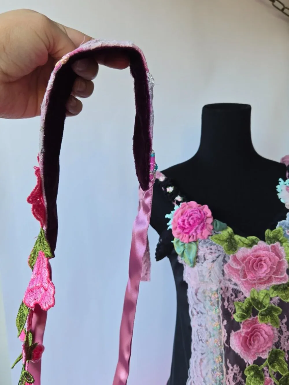 Handmade Pink and Fuchsia Embroidered Rose Patchwork Quilted Hair Sash